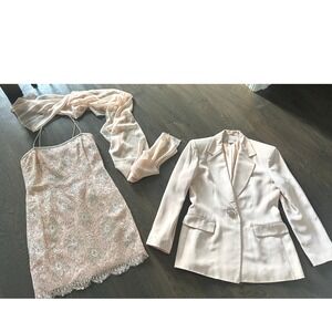 Rickie Freeman for TJ Nites Pink Lace METALLIC GOLD Dress Blazer Scarf Set Sz 8‎